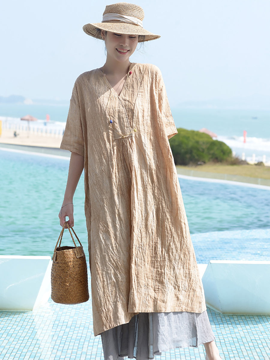 Lockeres Vintage-Kleid aus Leinen für Damen in Übergröße mit V-Ausschnitt