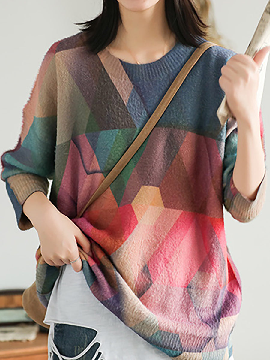 Plus Größe Herbst Geometrie Vintage Frauen Lose Pullover