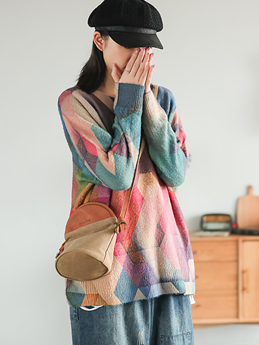 Plus Größe Herbst Geometrie Vintage Frauen Lose Pullover