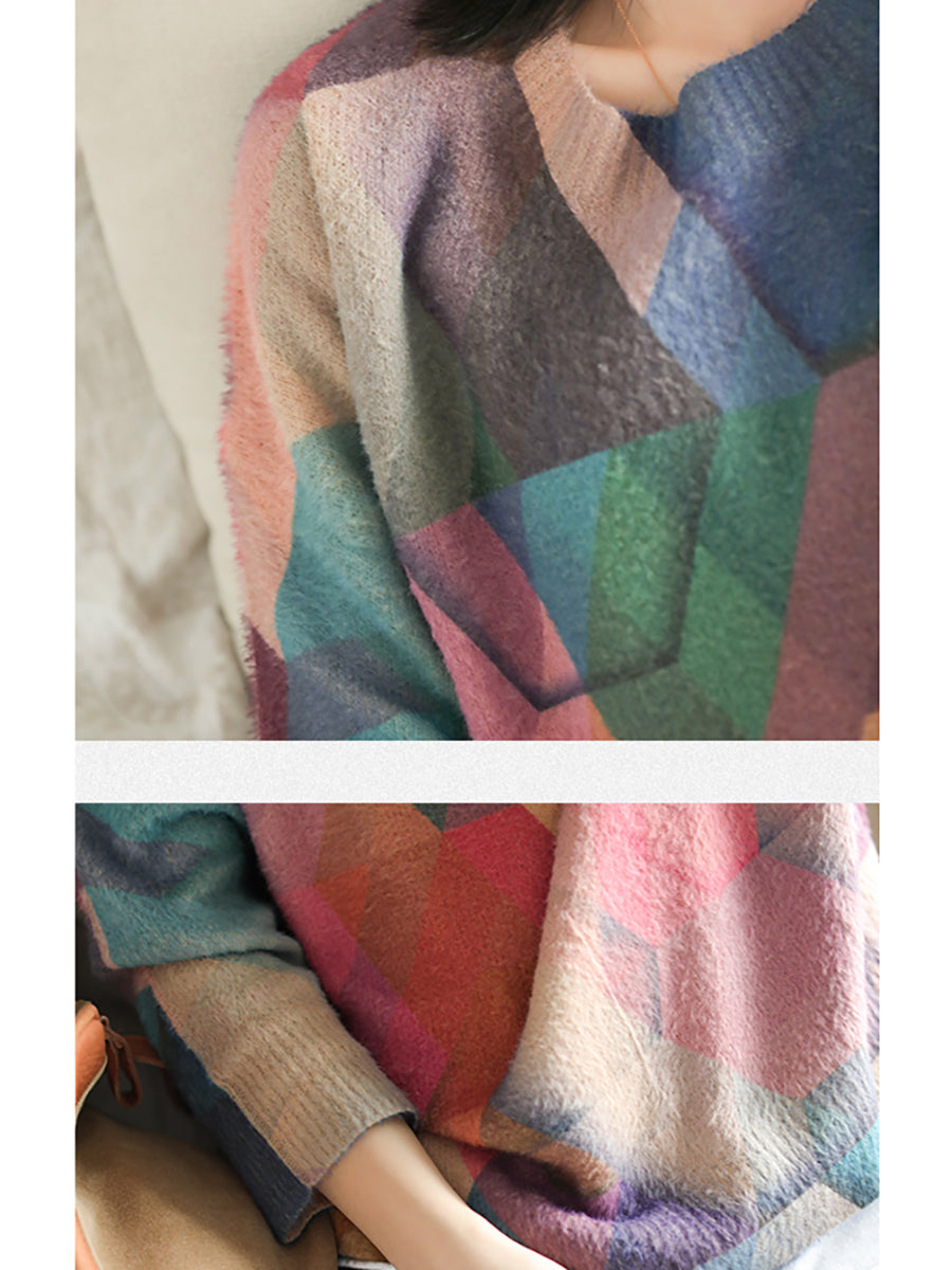 Plus Größe Herbst Geometrie Vintage Frauen Lose Pullover