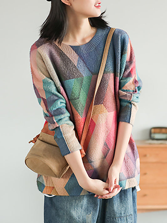 Plus Größe Herbst Geometrie Vintage Frauen Lose Pullover