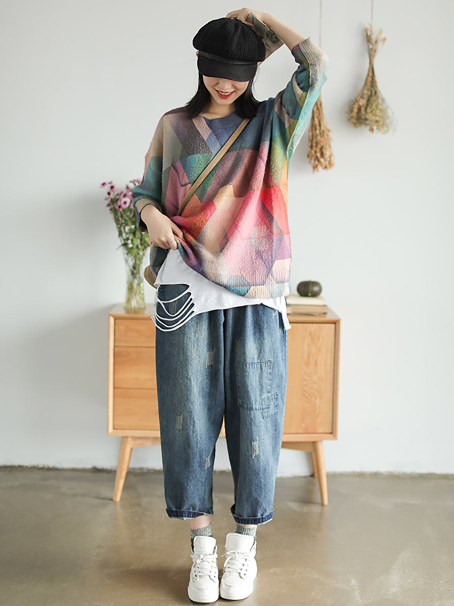 Plus Größe Herbst Geometrie Vintage Frauen Lose Pullover