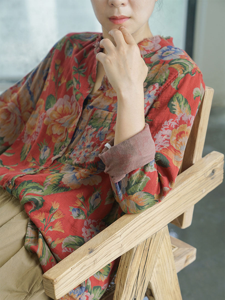 Plus Size Herbst Floral Damen Baumwollhemden