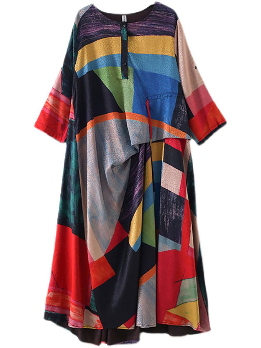 Übergröße Damen Langes Kleid mit Ethno-Print und unregelmäßigem Muster