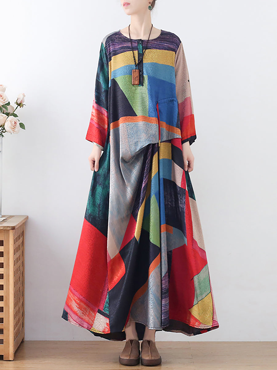 Übergröße Damen Langes Kleid mit Ethno-Print und unregelmäßigem Muster