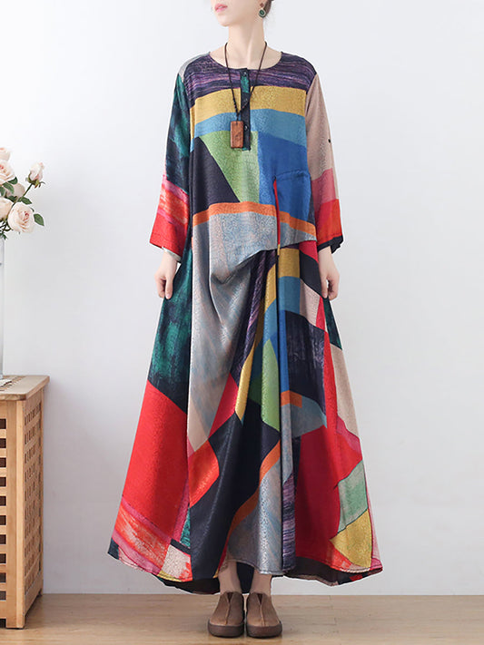 Übergröße Damen Langes Kleid mit Ethno-Print und unregelmäßigem Muster