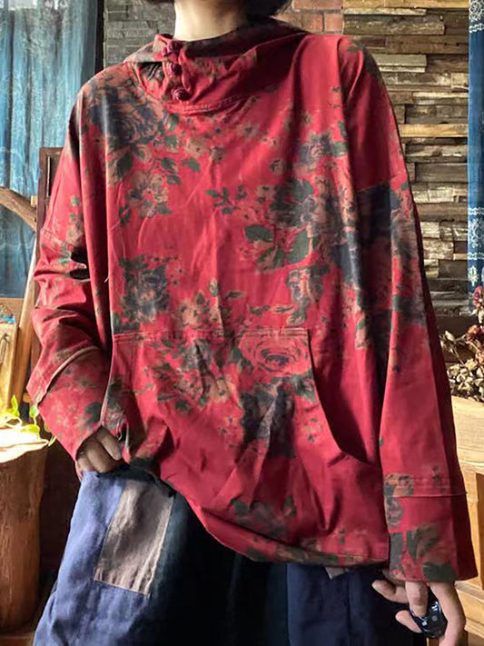 T-shirt à capuche en coton imprimé vintage pour femme grande taille
