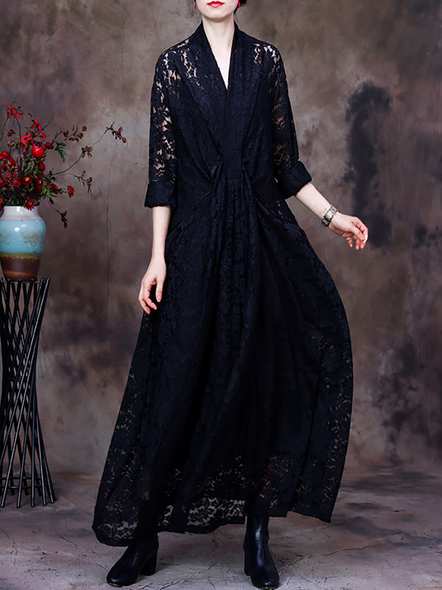 Übergröße Damen Kleid mit Spitze, V-Ausschnitt, Gürtel und unregelmäßiger Form