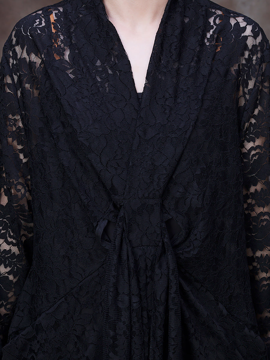 Übergröße Damen Kleid mit Spitze, V-Ausschnitt, Gürtel und unregelmäßiger Form