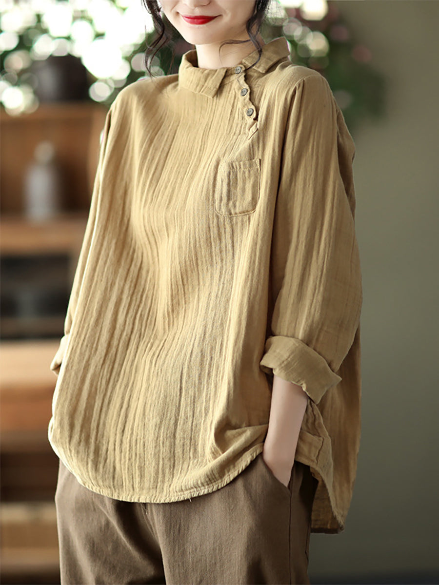 Übergröße Damen Vintage Schräges Langarm Baumwollhemd