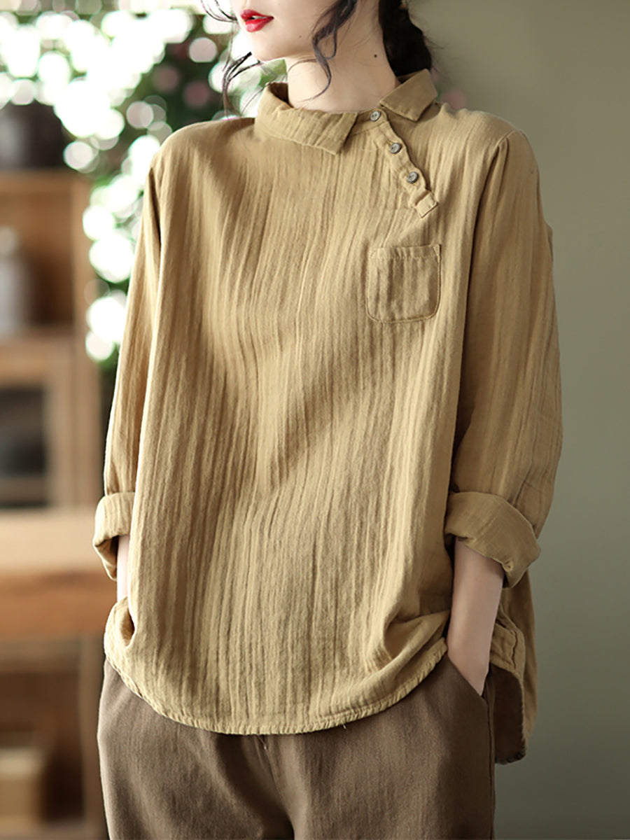 Übergröße Damen Vintage Schräges Langarm Baumwollhemd