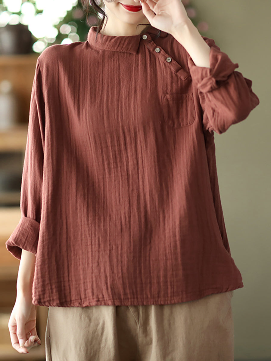 Übergröße Damen Vintage Schräges Langarm Baumwollhemd