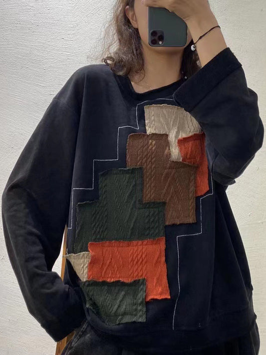 Plus Größe Herbst Frauen Vintage Patchwork Lose Sweatshirt