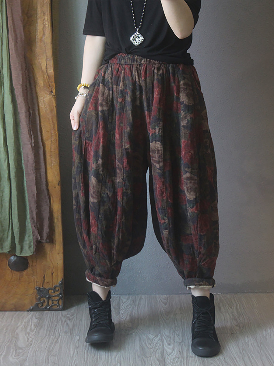 Übergröße Damen Pumphose aus Baumwolle mit Vintage-Print und elastischer Taille