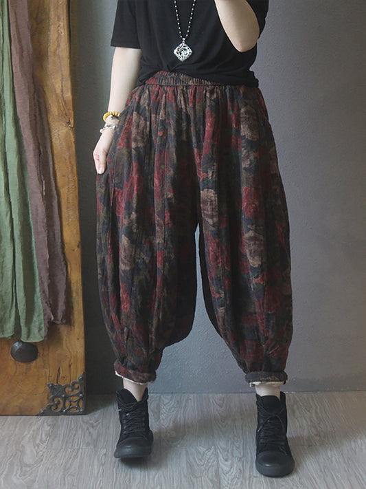 Übergröße Damen Pumphose aus Baumwolle mit Vintage-Print und elastischer Taille