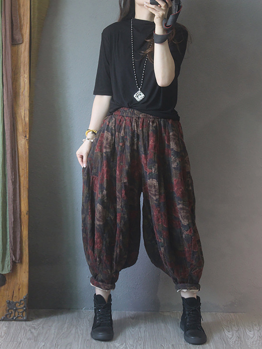 Übergröße Damen Pumphose aus Baumwolle mit Vintage-Print und elastischer Taille