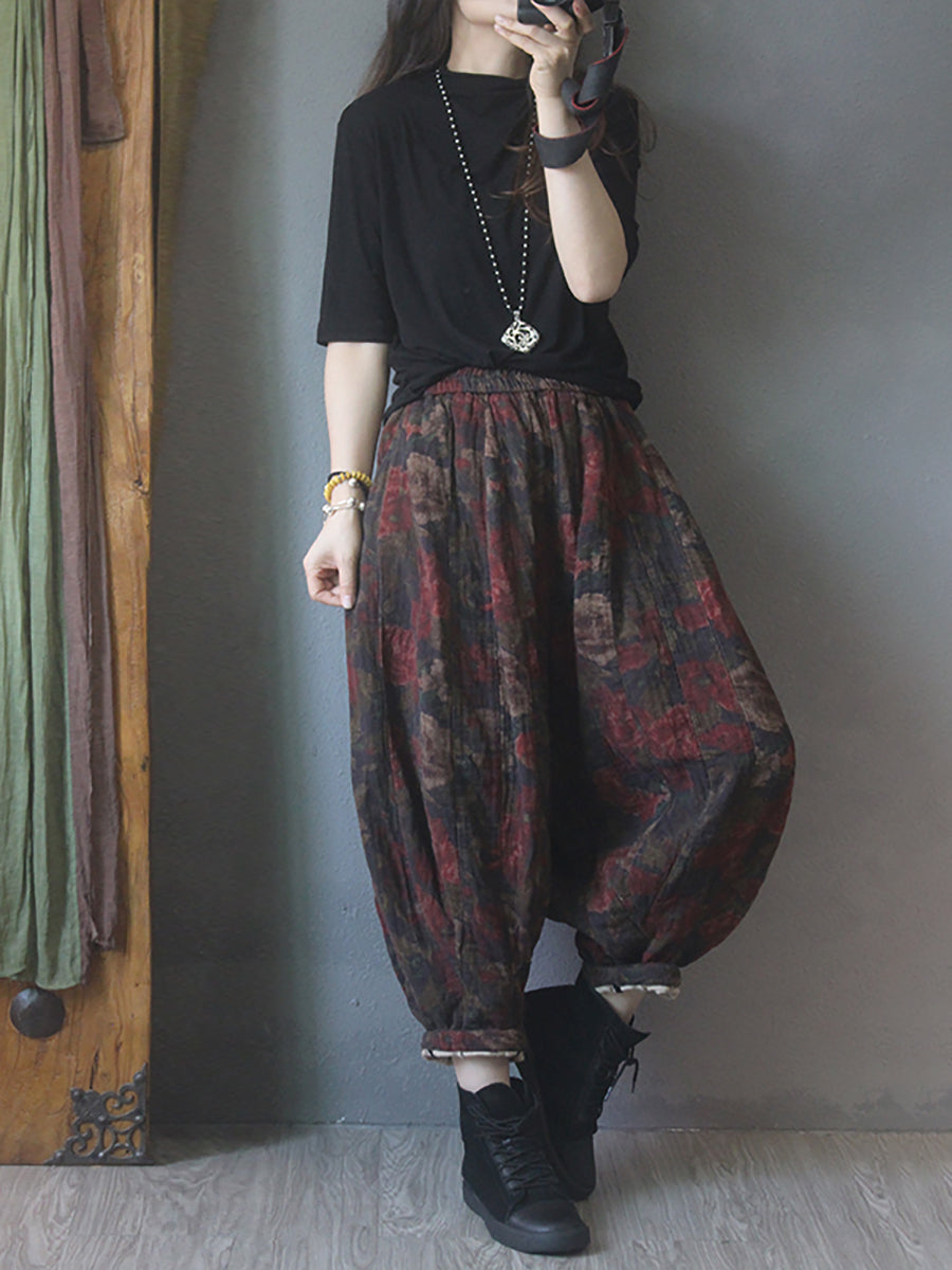 Übergröße Damen Pumphose aus Baumwolle mit Vintage-Print und elastischer Taille