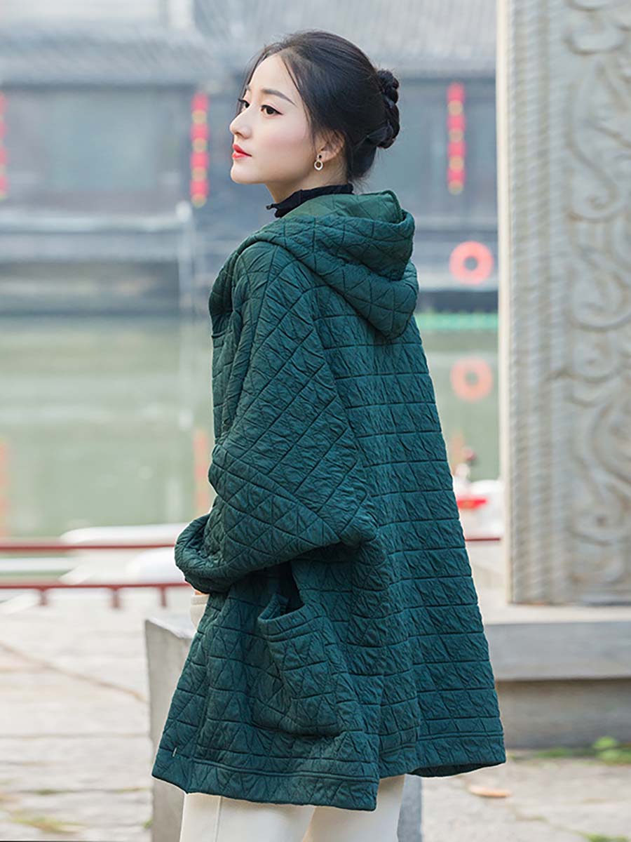 Übergröße Damen Winter lässiger Mantel mit Knopftasche und Kapuze