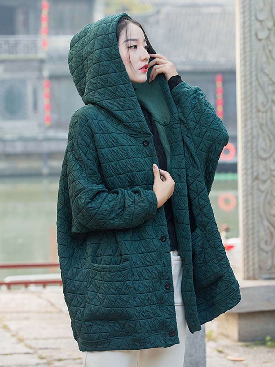 Übergröße Damen Winter lässiger Mantel mit Knopftasche und Kapuze