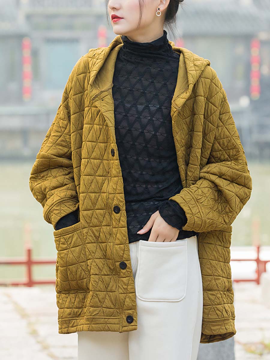 Übergröße Damen Winter lässiger Mantel mit Knopftasche und Kapuze