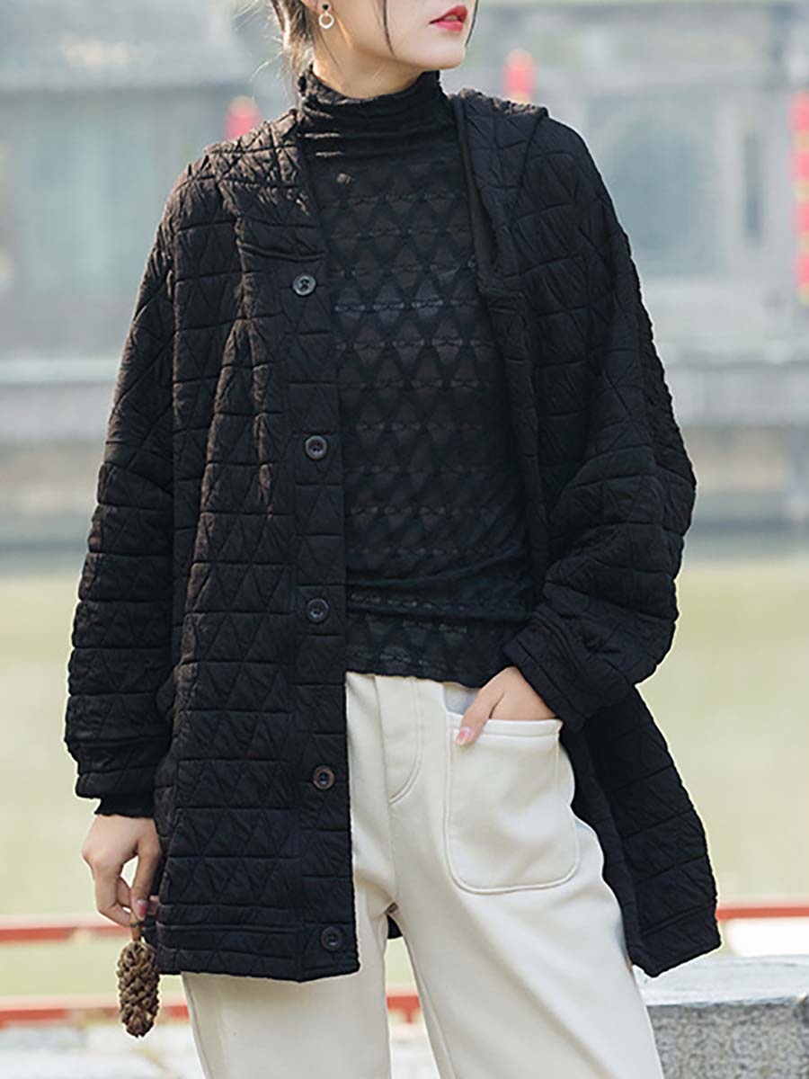 Übergröße Damen Winter lässiger Mantel mit Knopftasche und Kapuze