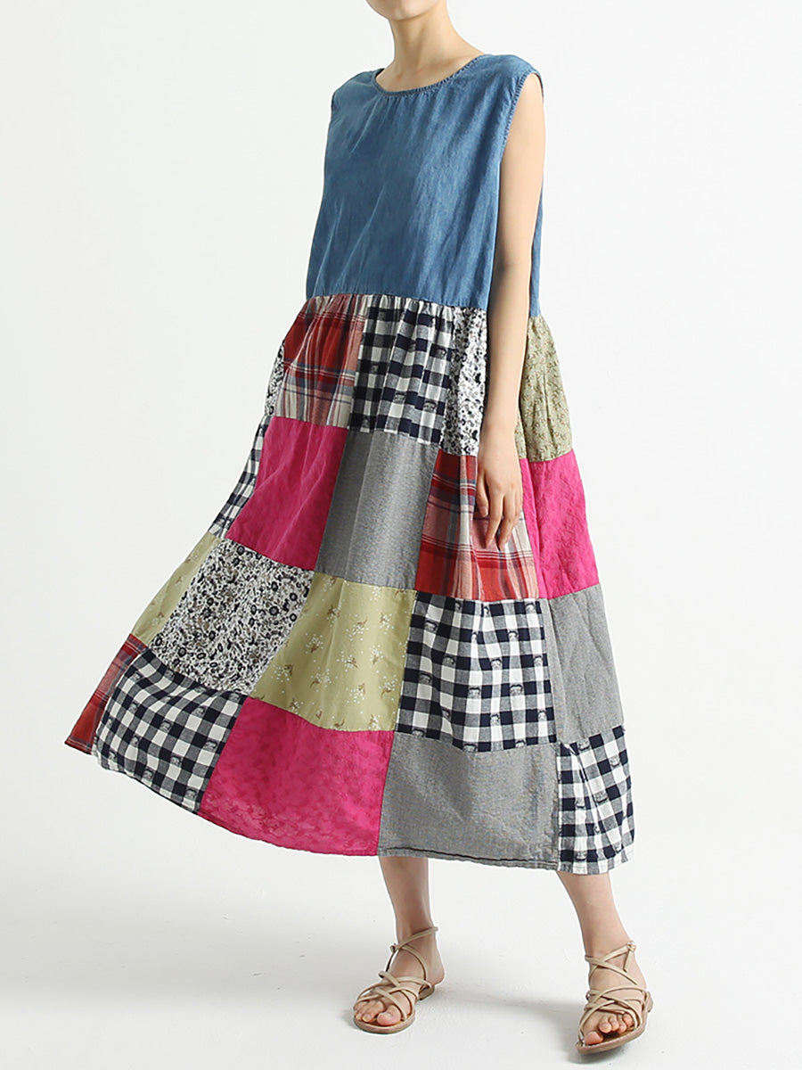Plus Size Patchwork Sommer ärmelloses Damen Lockeres Kleid