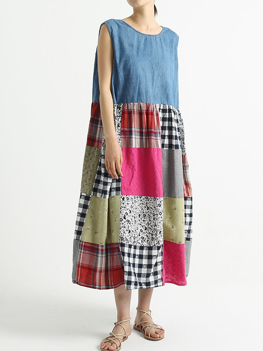 Plus Size Patchwork Sommer ärmelloses Damen Lockeres Kleid