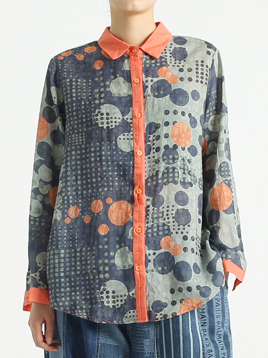Plus Size Ramie Dots Prints Langärmliges lockeres Damenhemd