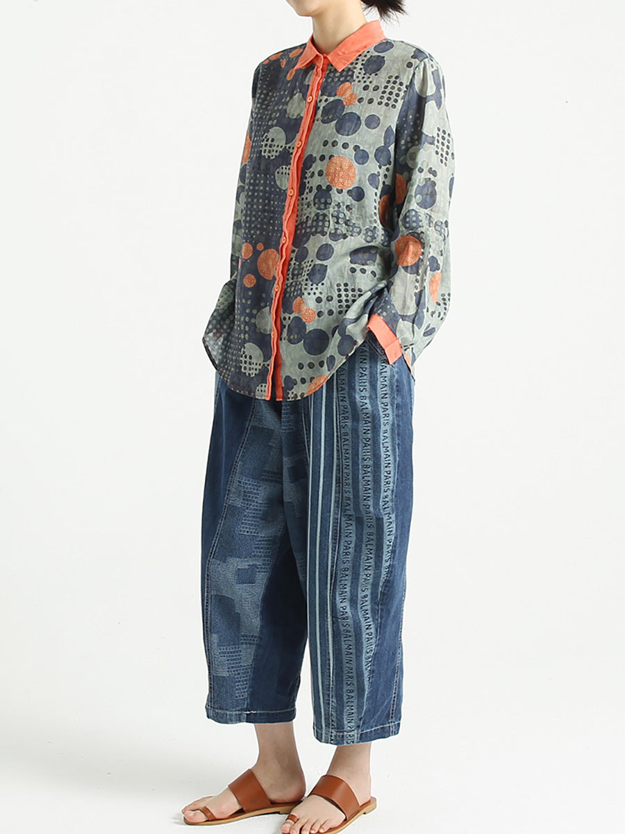 Plus Size Ramie Dots Prints Langärmliges lockeres Damenhemd