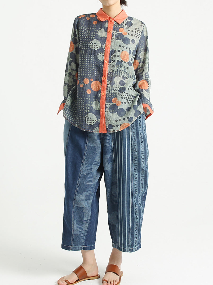 Plus Size Ramie Dots Prints Langärmliges lockeres Damenhemd