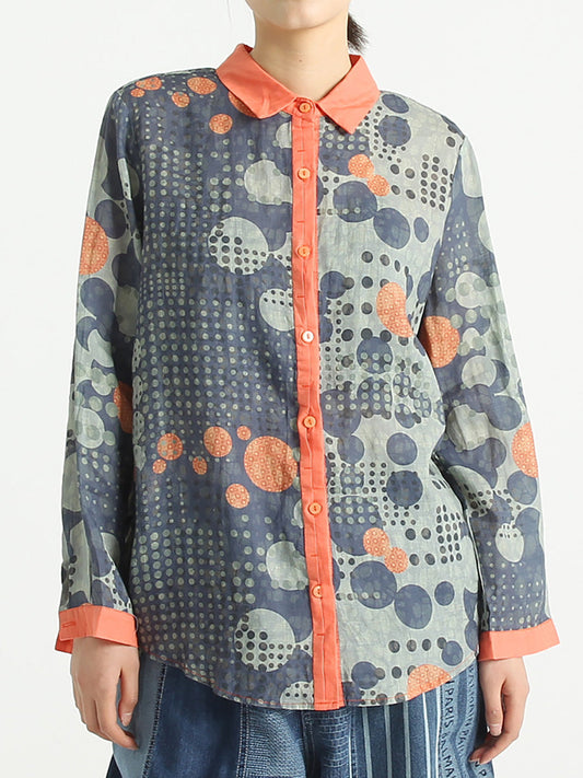 Plus Size Ramie Dots Prints Langärmliges lockeres Damenhemd