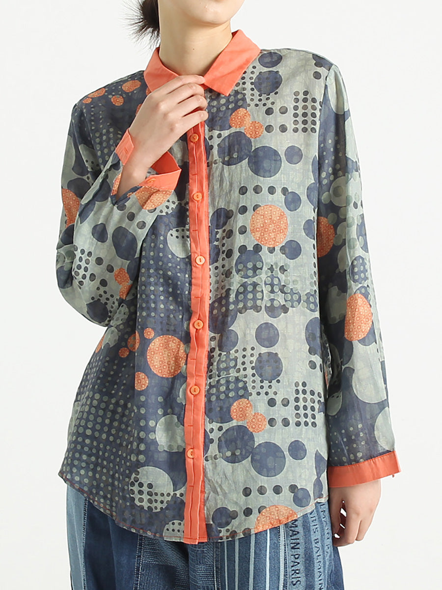Plus Size Ramie Dots Prints Langärmliges lockeres Damenhemd