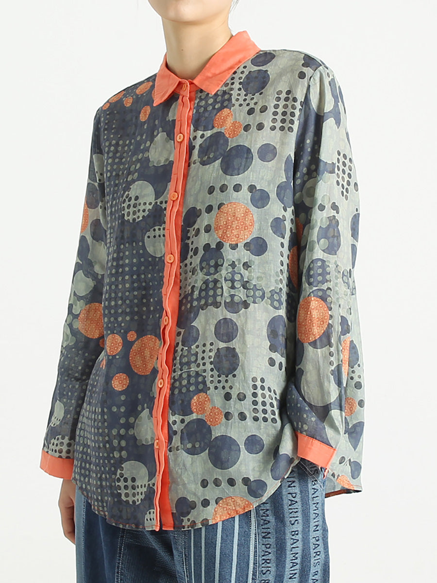 Plus Size Ramie Dots Prints Langärmliges lockeres Damenhemd