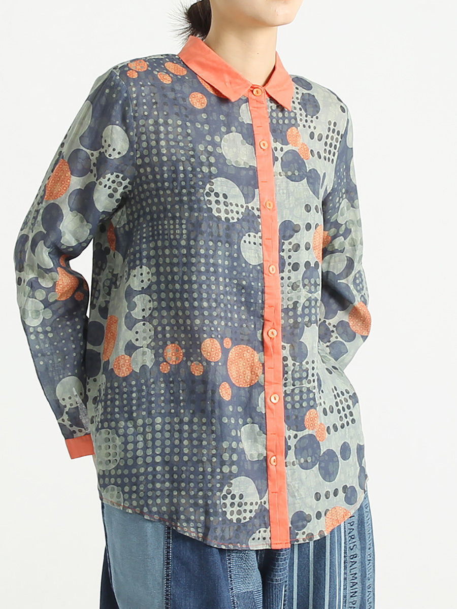 Plus Size Ramie Dots Prints Langärmliges lockeres Damenhemd