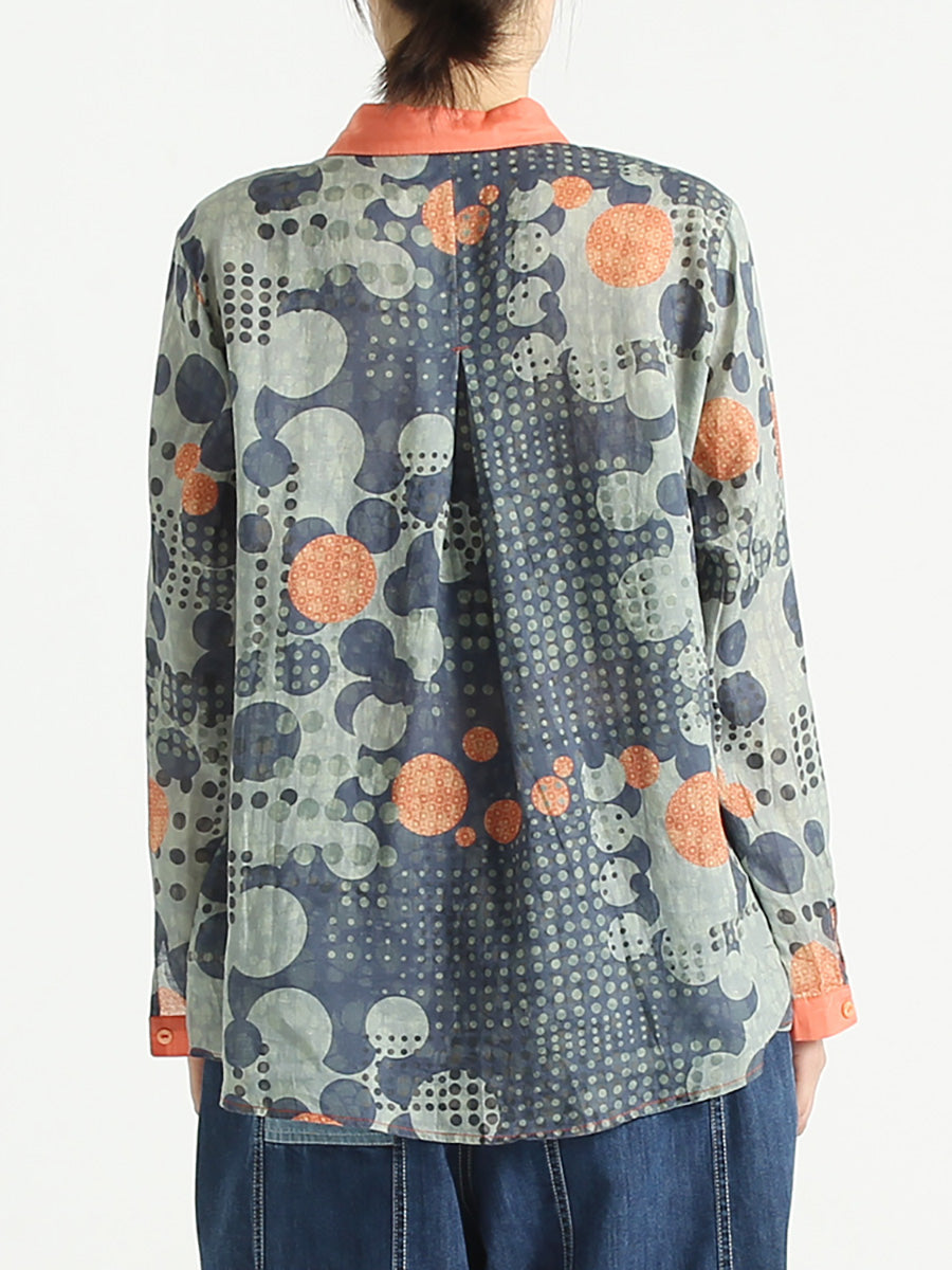 Plus Size Ramie Dots Prints Langärmliges lockeres Damenhemd