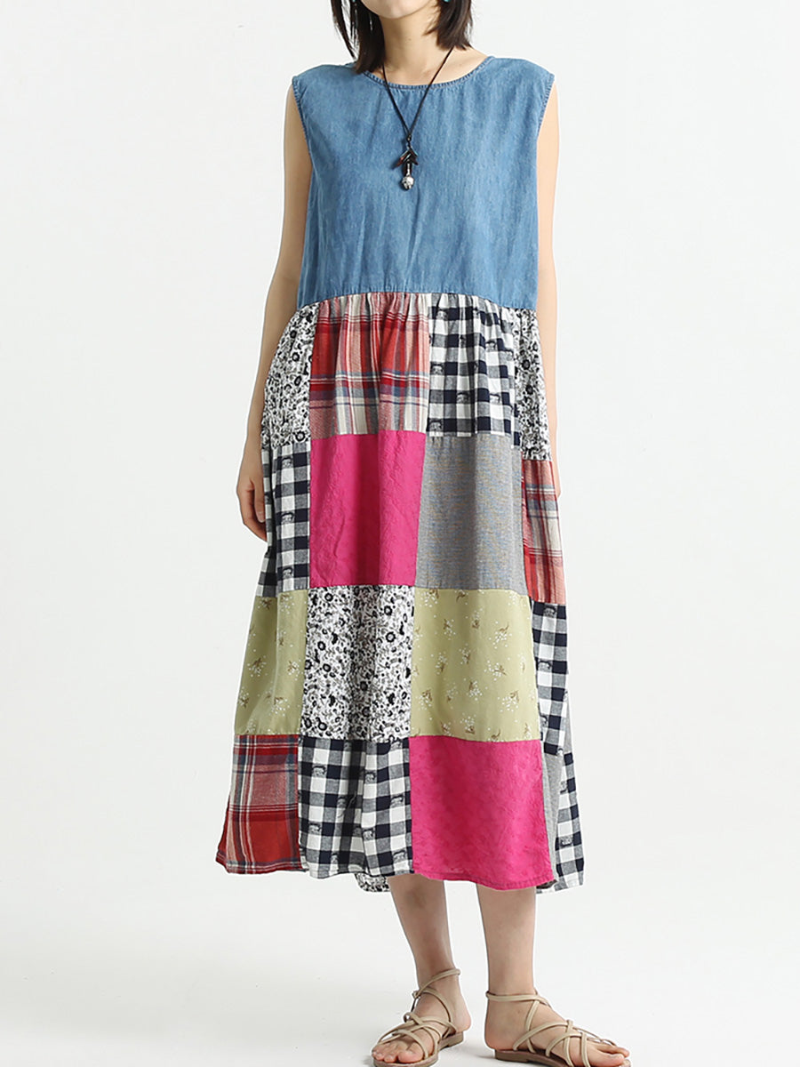 Plus Size Patchwork Sommer ärmelloses Damen Lockeres Kleid
