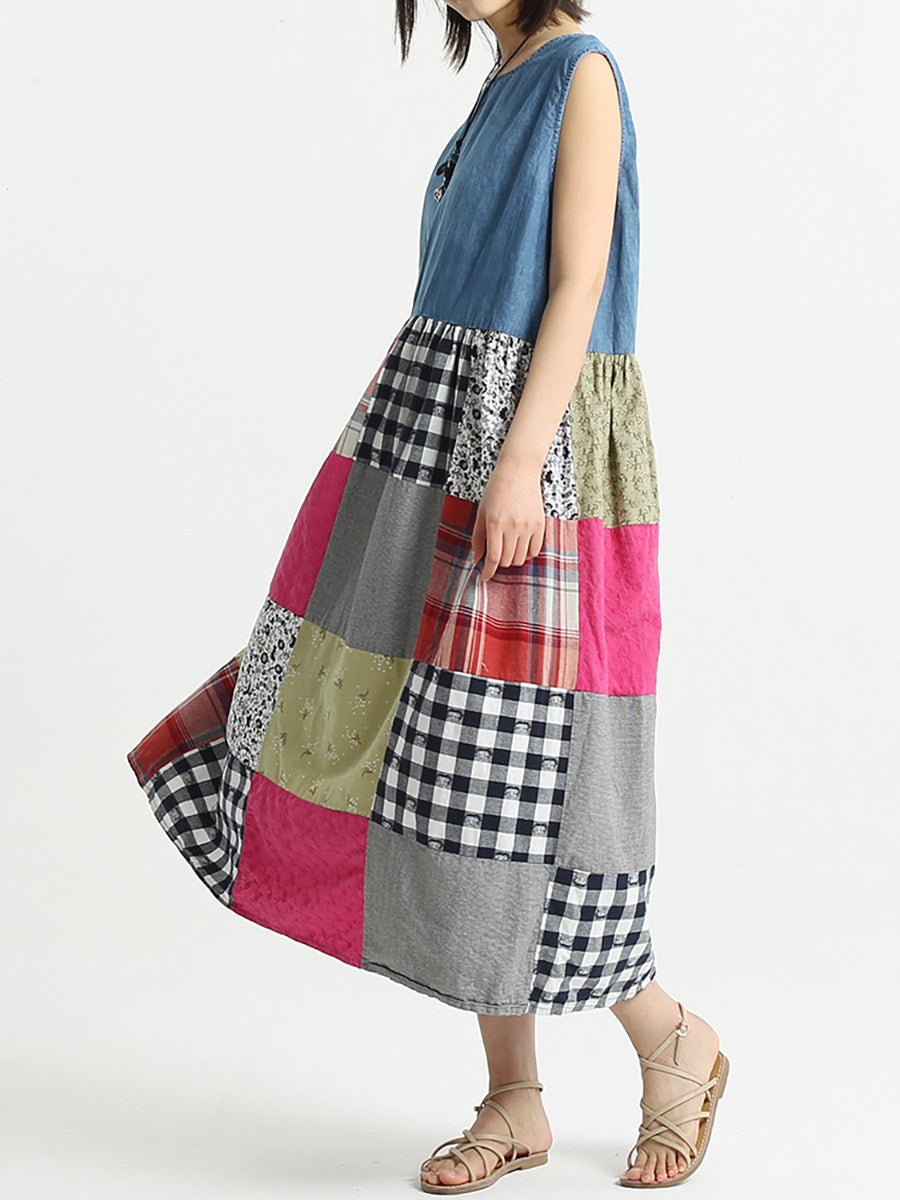 Plus Size Patchwork Sommer ärmelloses Damen Lockeres Kleid