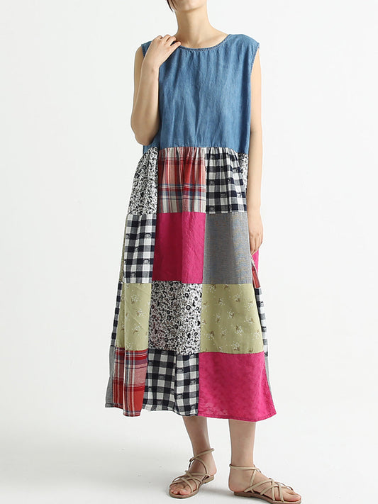 Plus Size Patchwork Sommer ärmelloses Damen Lockeres Kleid
