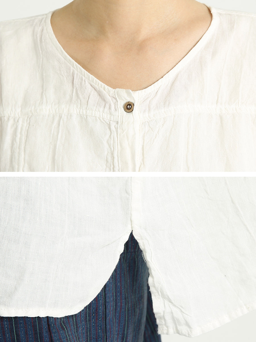 Chemise décontractée à simple boutonnage en lin et col rond pour femme, grande taille