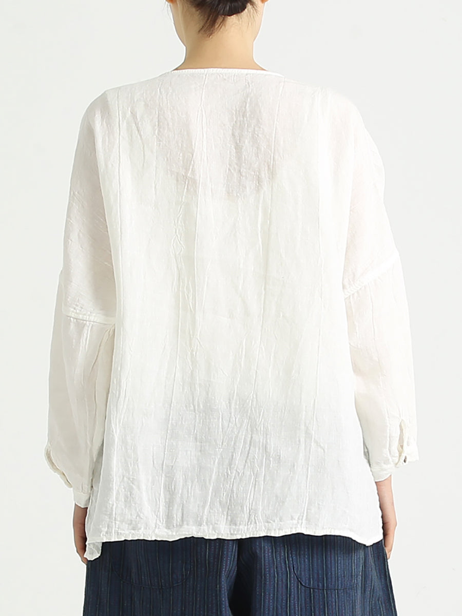 Chemise décontractée à simple boutonnage en lin et col rond pour femme, grande taille