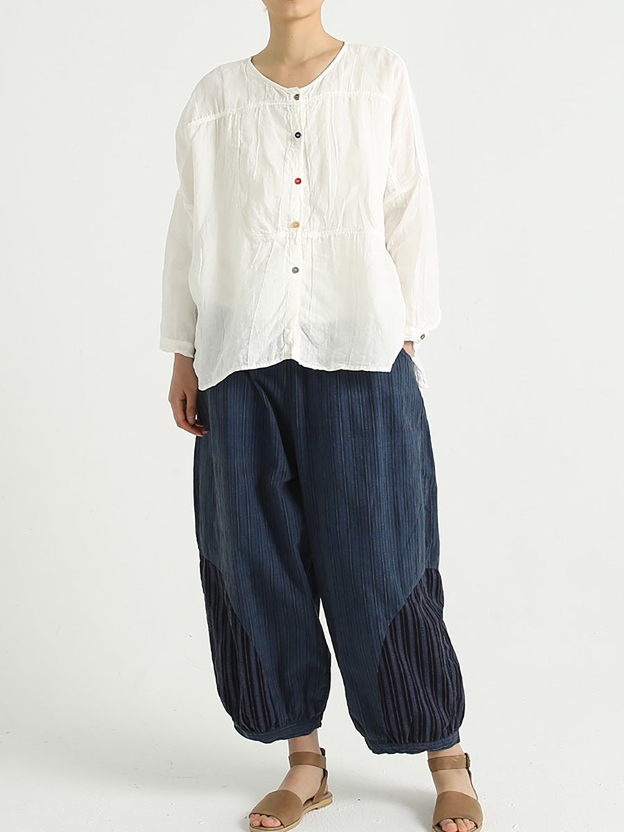Chemise décontractée à simple boutonnage en lin et col rond pour femme, grande taille