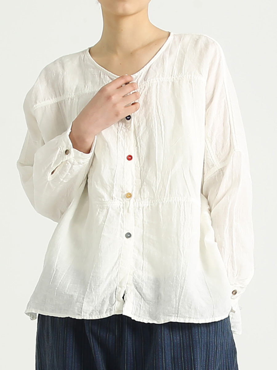 Chemise décontractée à simple boutonnage en lin et col rond pour femme, grande taille