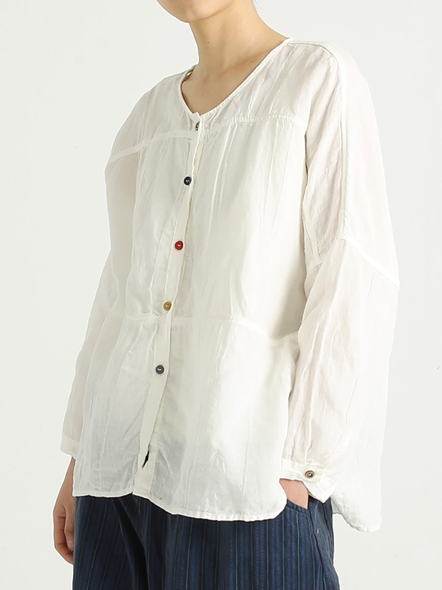 Chemise décontractée à simple boutonnage en lin et col rond pour femme, grande taille