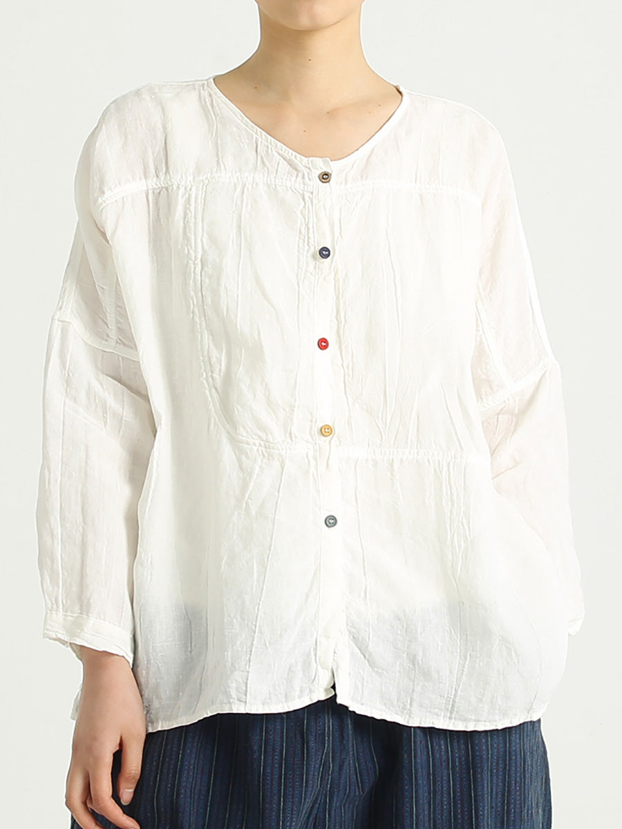 Chemise décontractée à simple boutonnage en lin et col rond pour femme, grande taille