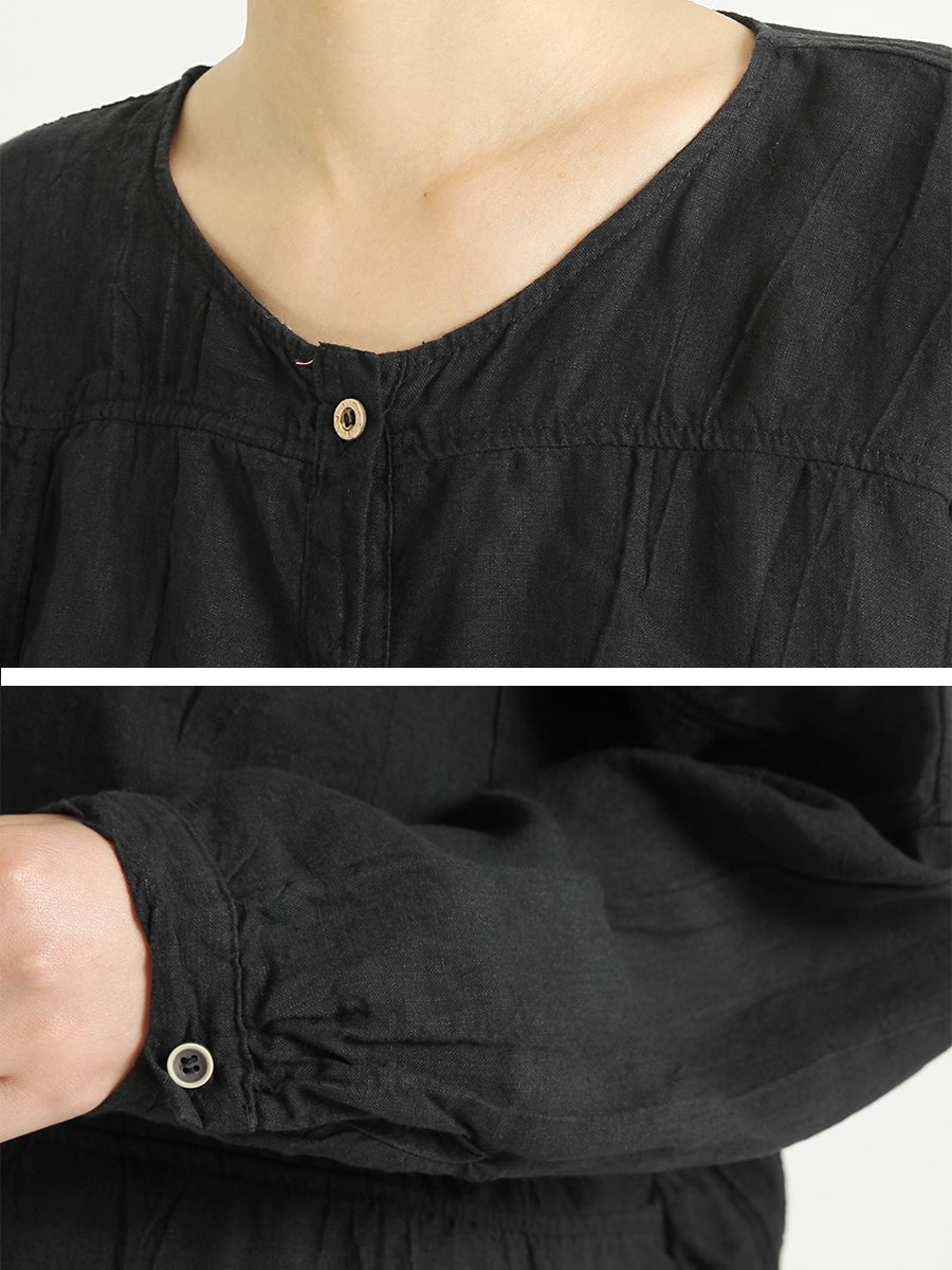 Chemise décontractée à simple boutonnage en lin et col rond pour femme, grande taille