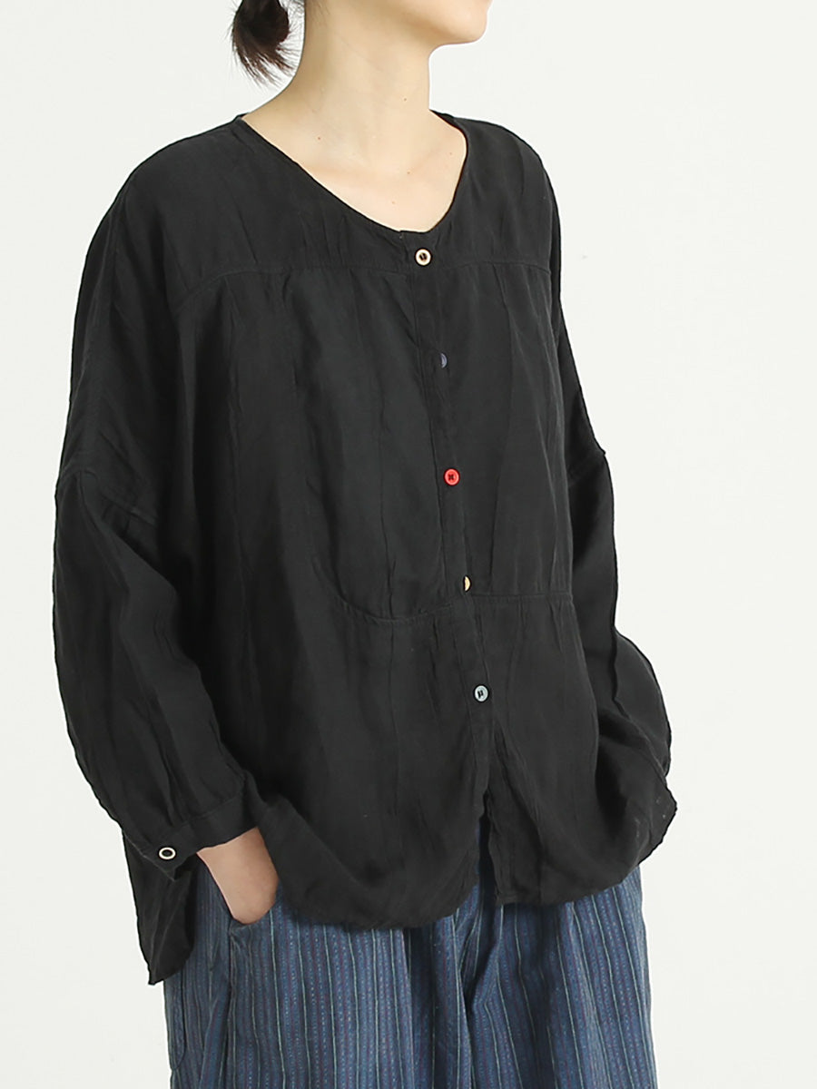 Chemise décontractée à simple boutonnage en lin et col rond pour femme, grande taille