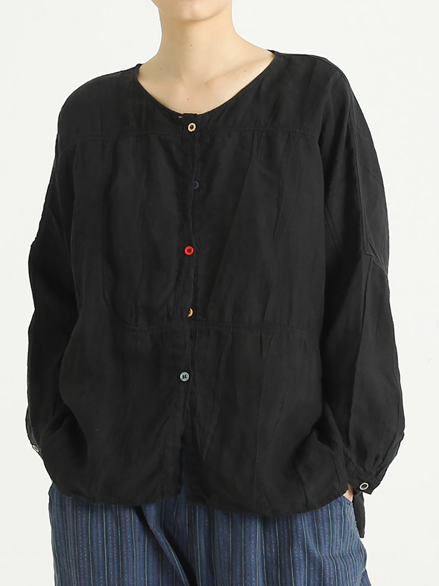 Chemise décontractée à simple boutonnage en lin et col rond pour femme, grande taille