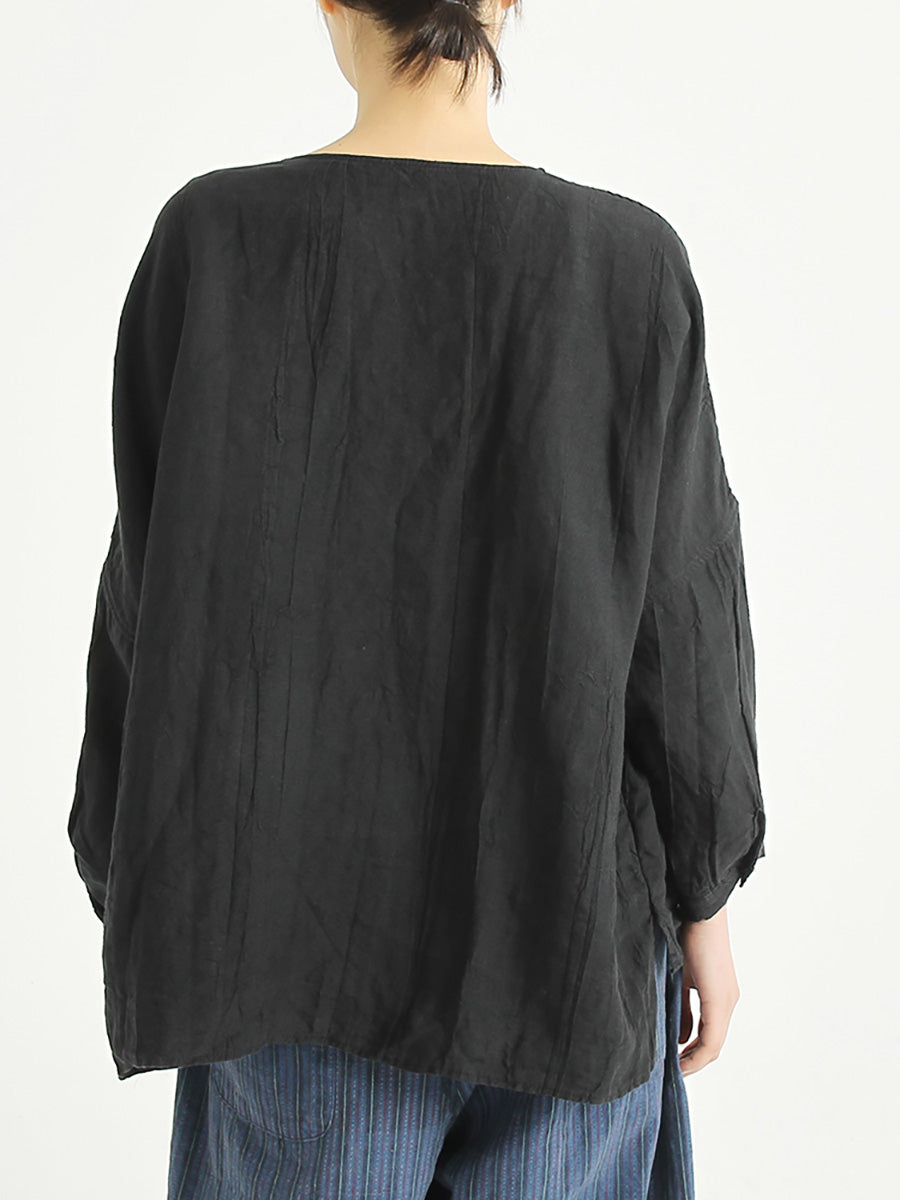 Chemise décontractée à simple boutonnage en lin et col rond pour femme, grande taille