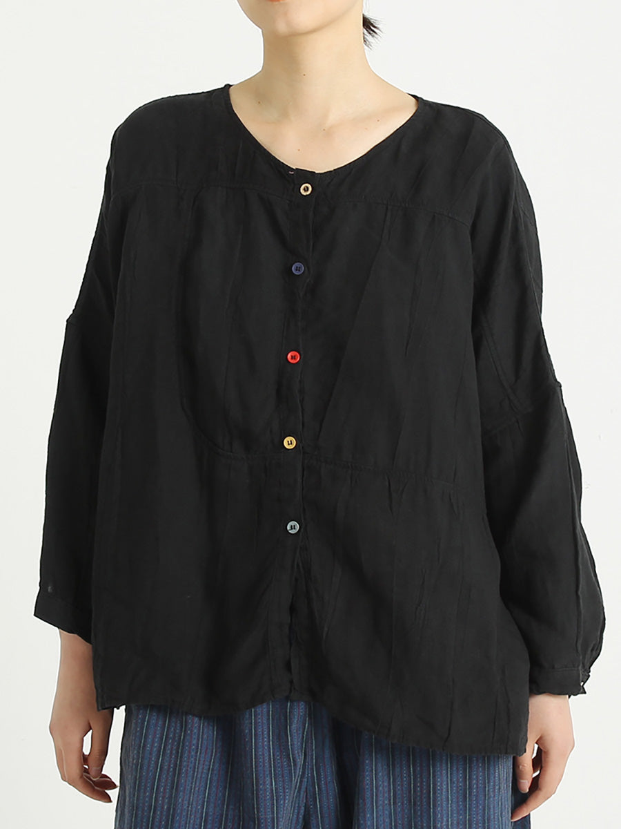 Chemise décontractée à simple boutonnage en lin et col rond pour femme, grande taille