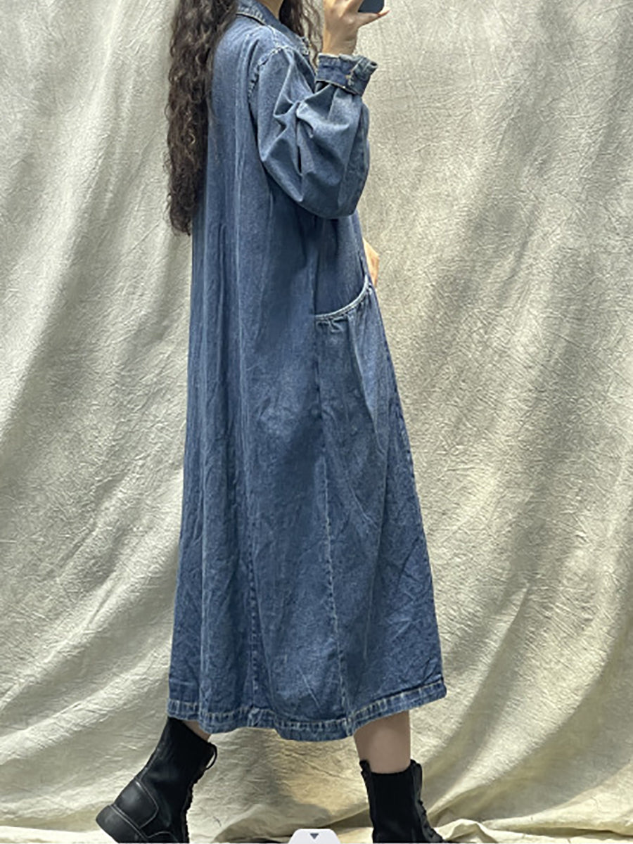 Übergröße Damen Frühling Retro Tasche Knopf Lockeres Jeanskleid